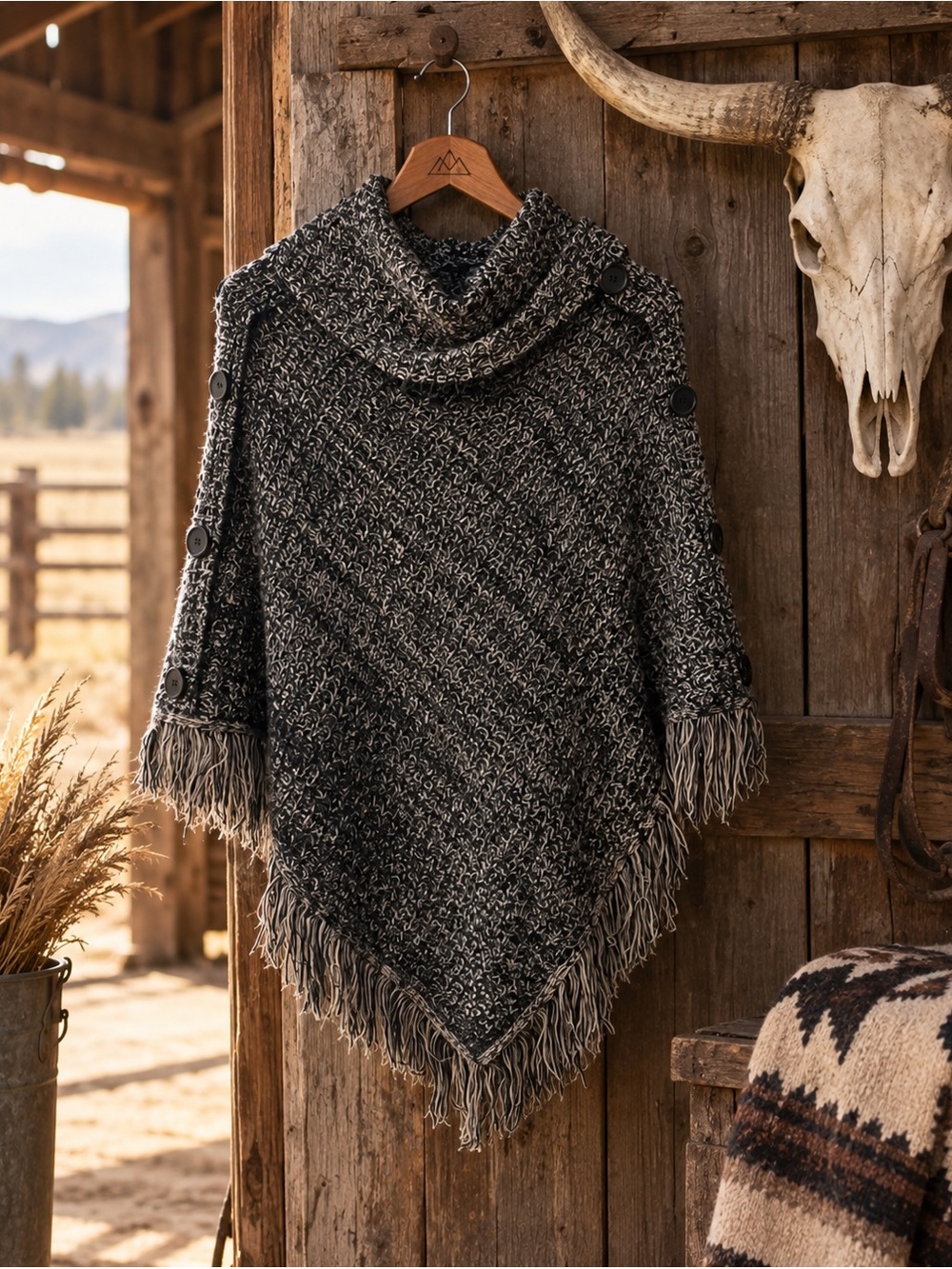 🌵Majora - Women's Black & Gray Knit Fringe Poncho Sweater